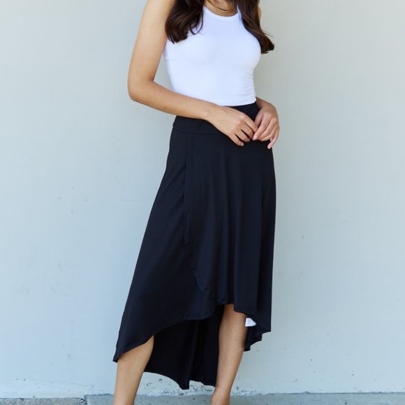 High Waisted Tulip Flare Knee-length Skirt Layered Faux Wrap High-Low Skirt - Picture 9 of 10